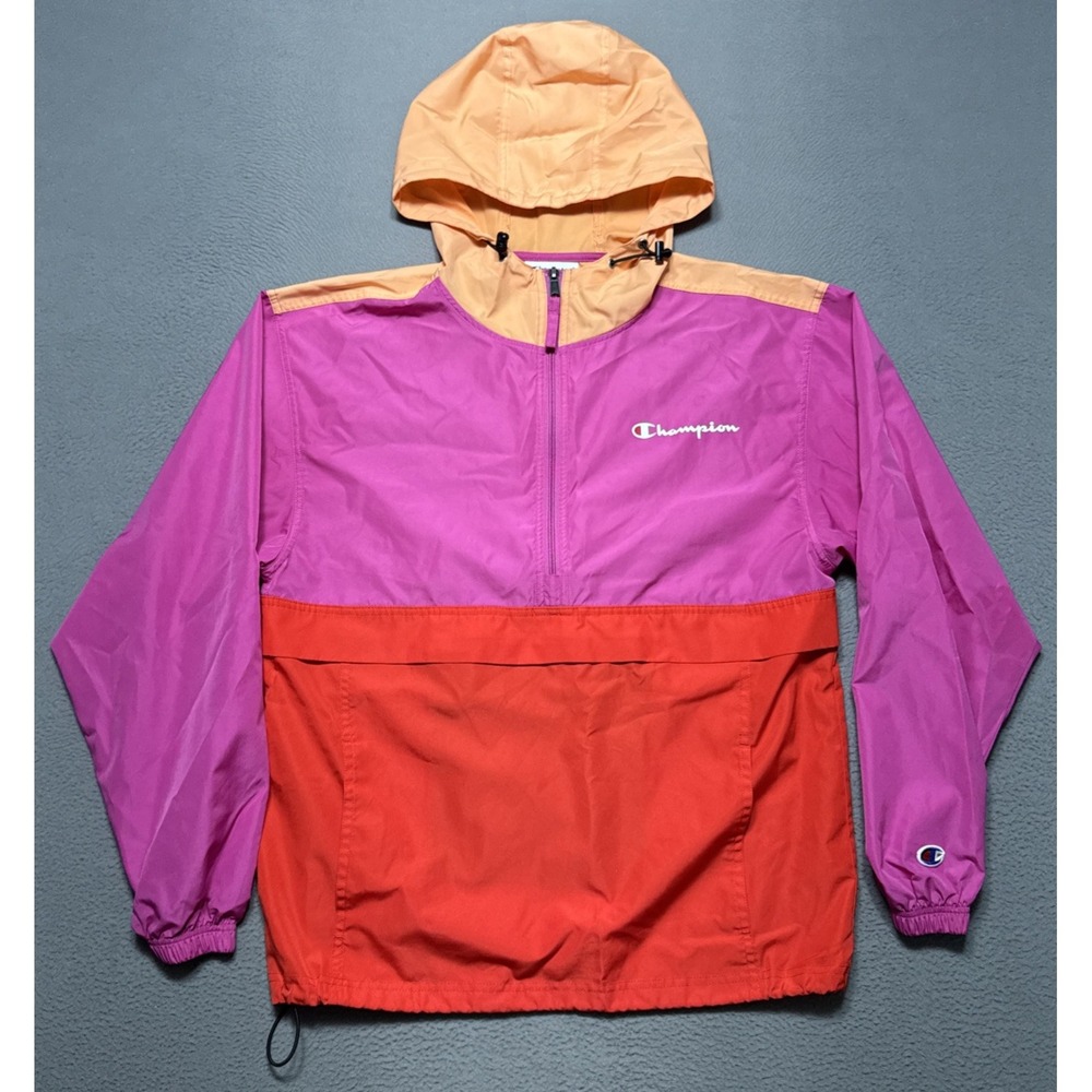 Champion Windbreaker Packable Jacket Pink Orange‎ Colorblock Rain Hooded Small